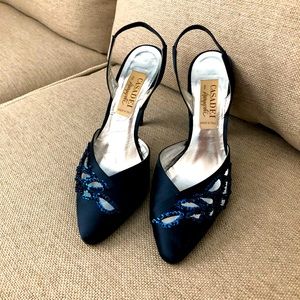 Casadei Navy Blue satin, beaded trim sling back pump